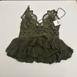 Free People Adella Cami Top Olive Sparrow Boho Tiered Crochet Lace Ruffles Small